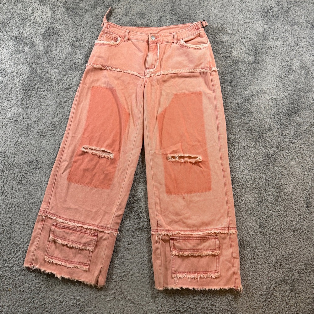 SHEIN Distressed Wide Leg Jeans Size 30 Salmon Pink Raw Hem Patchwork Streetwear